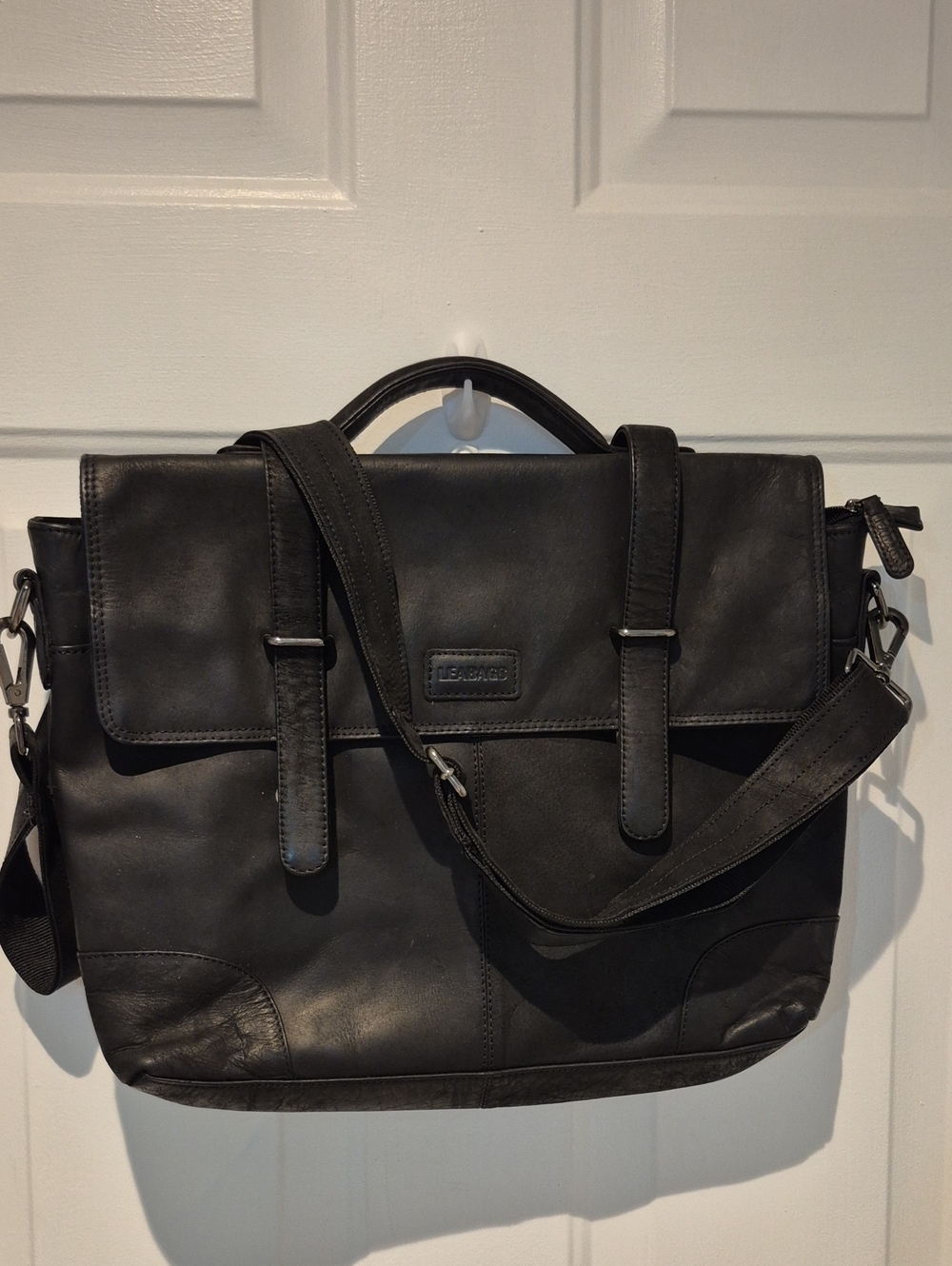 Leabags Black Buffalo Leather Messenger Bag with Adjustable Strap